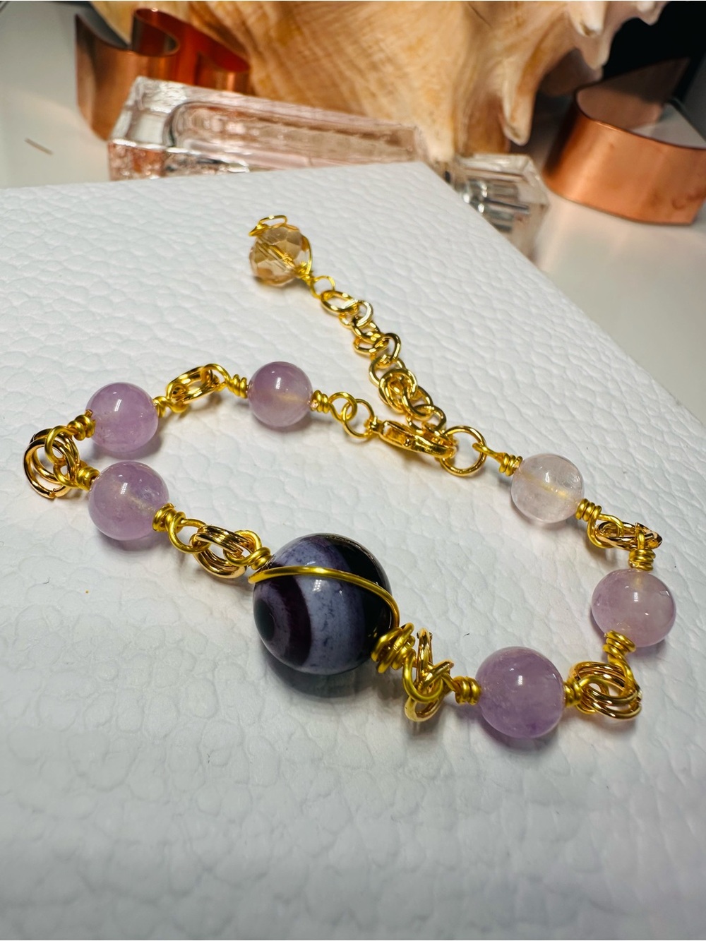 Gold Wire Evil eye Agate + Lavender Bead Bracelet